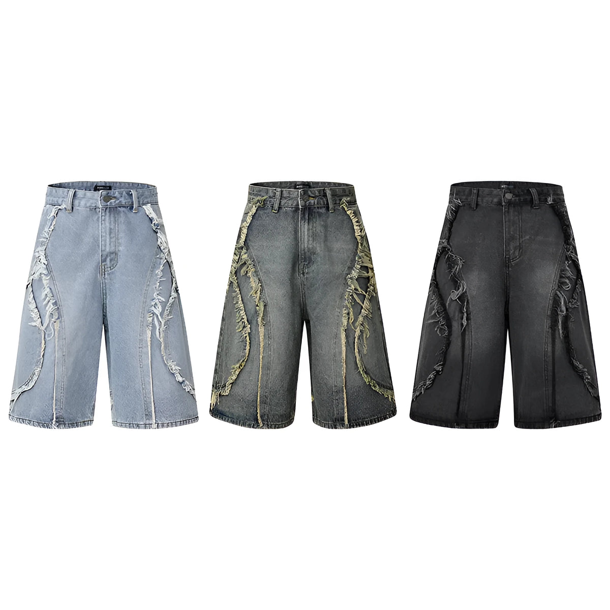 Men's distressed denim shorts with raw edge detailing in straight cut hip hop style