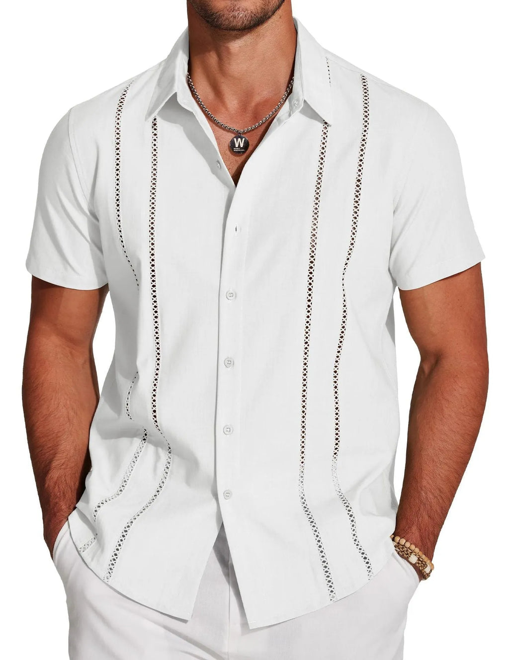 Men's slim fit Hawaiian shirt with digital printed pattern on elastic polyester fabric