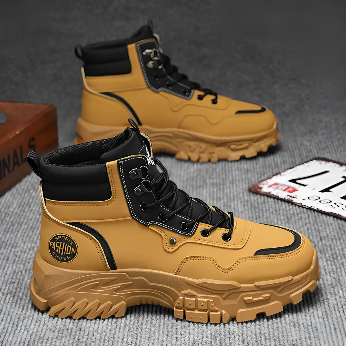 Men's black high-top Martin boots with mid heel and injection moulded sole