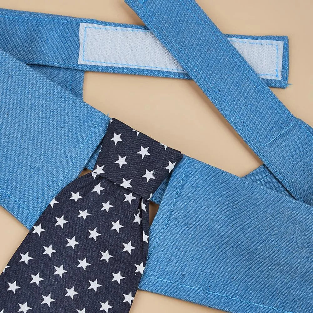 Denim dog collar with star pattern in bow and tie styles showing adjustable fastener tape