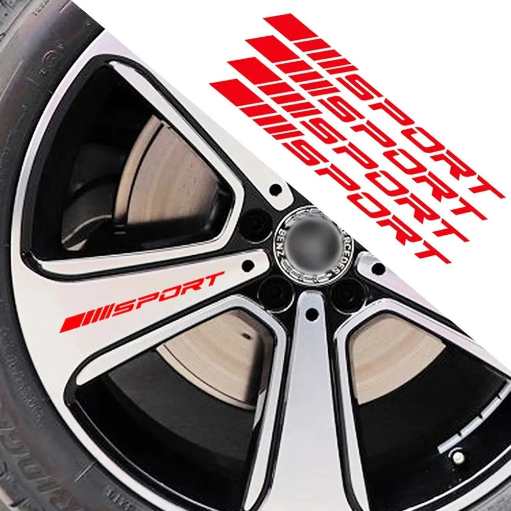 Red hollow pattern car rim sticker shown on alloy wheel, with black and white colour options displayed.