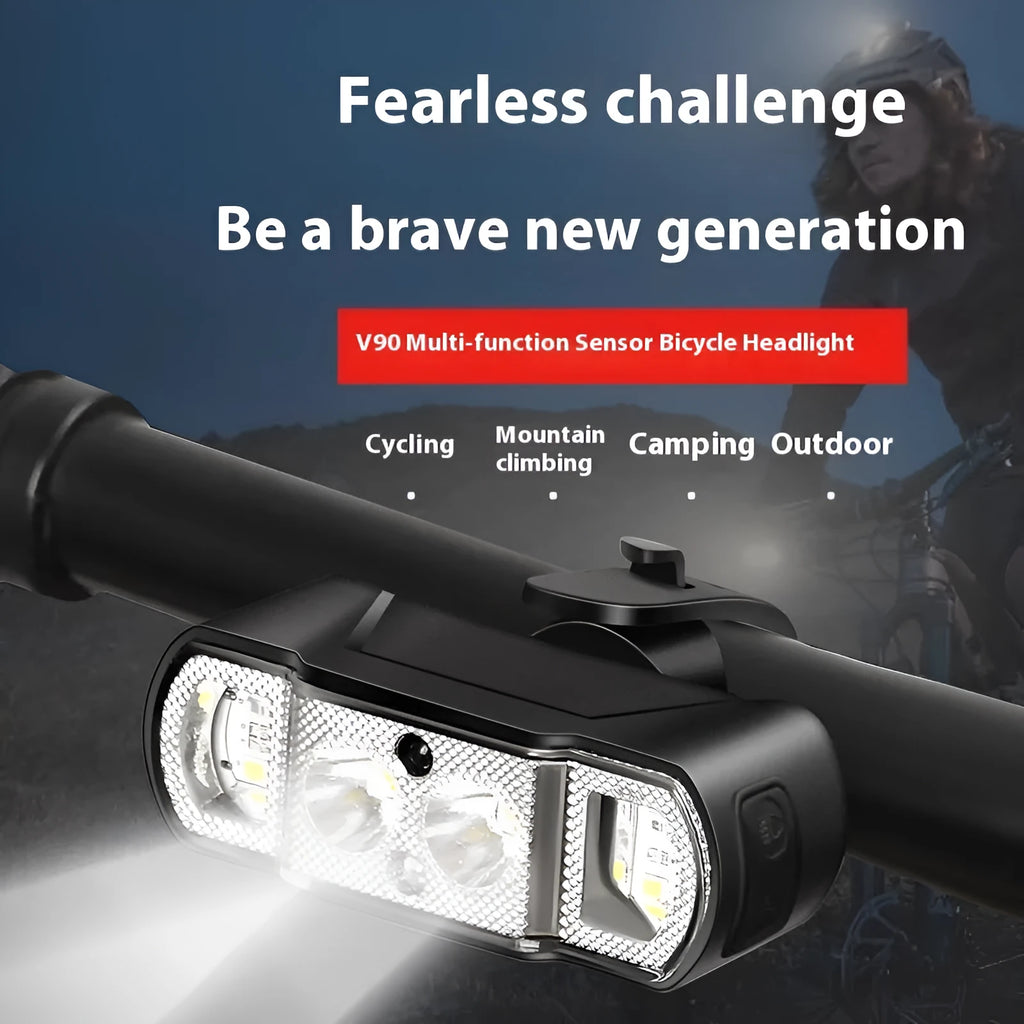 Black bicycle headlight with 350 lumen LED and removable 18650 battery mounted on handlebars