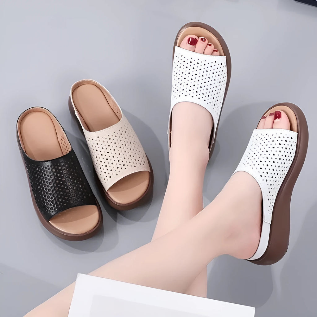 Women's peep toe open toe platform sandals with ethnic pattern, PU upper and rubber sole in beige colour