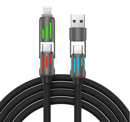 240W four-in-one fast charge cable with colourful breathing light, silicone material, Lightning and USB-C connectors, available in 1m 1.5m 2m lengths