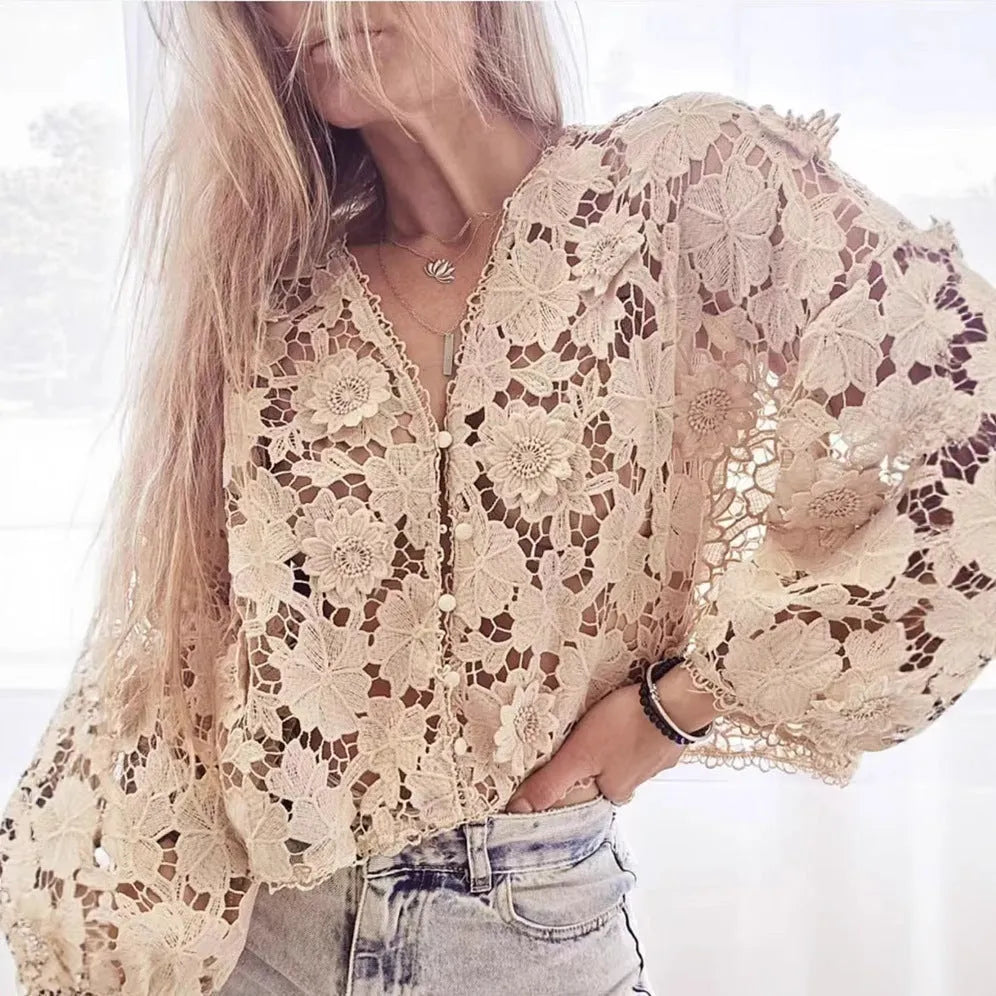 Women's polyester lace cardigan with three-dimensional floral decoration, V-neck, and long sleeves in black colour