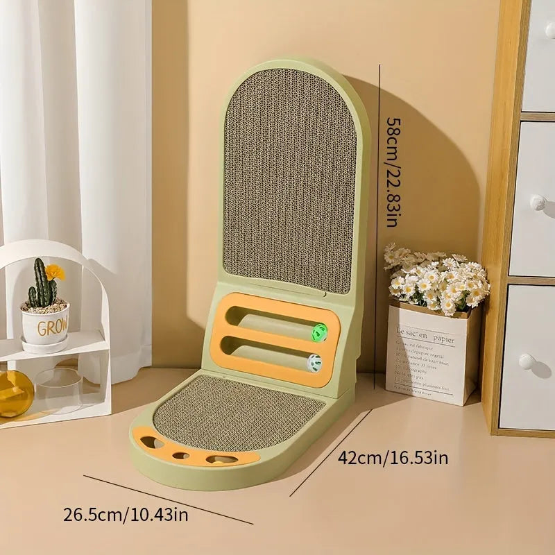 L-Shape vertical cat scratching board in grey, green, or white, showing thickened cardboard construction.