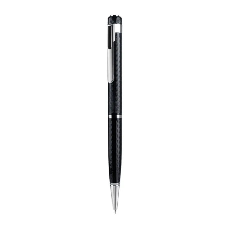 Black pen-shaped digital voice recorder with zinc alloy shell, shown with included headset and cable.
