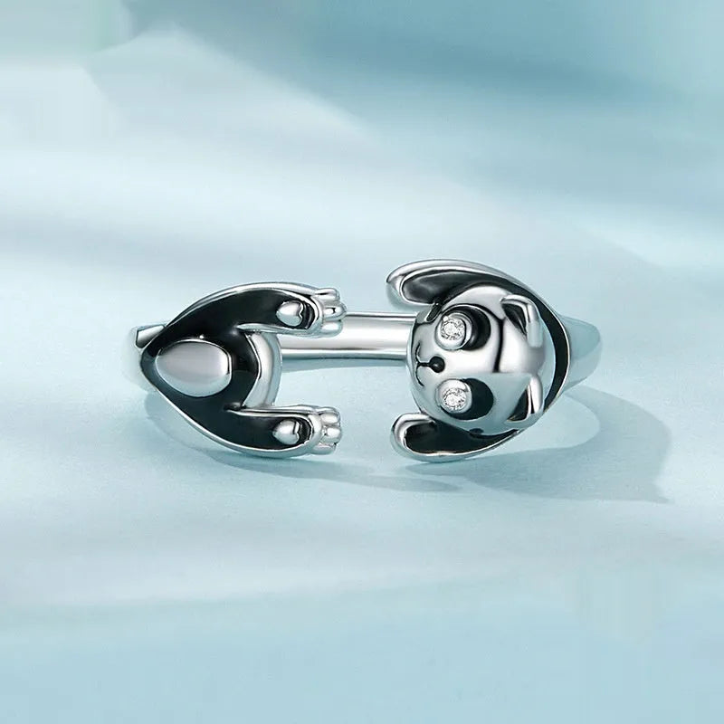 Panda sterling silver open ring with white gold plating and adjustable opening