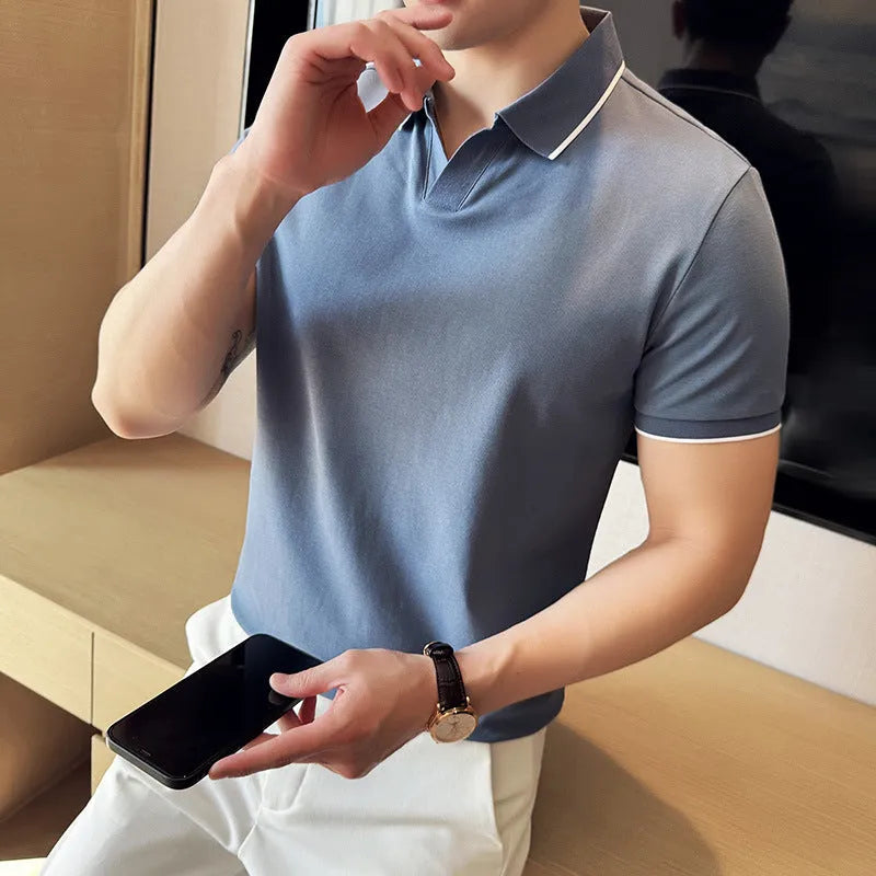 Cotton blend short sleeve polo shirt with a pearl cotton lapel collar in a selection of solid colours.