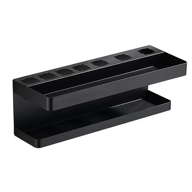 White double-layer aluminium bathroom storage rack holding hair curlers with punch-free installation