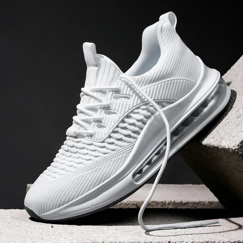 Men's black mesh running shoes with rubber sole and lace-up closure displayed on white background