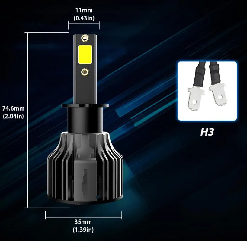 Car LED headlight bulb kit showing 6000K white light, 72W high power, and plug-and-play connectors.
