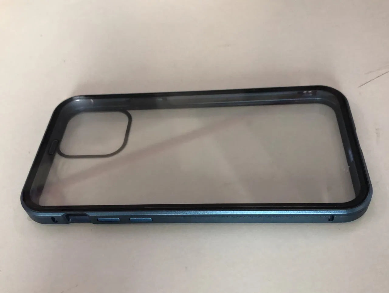 Anti-spy privacy phone case in black with a glass screen guard, shown next to an iPhone.