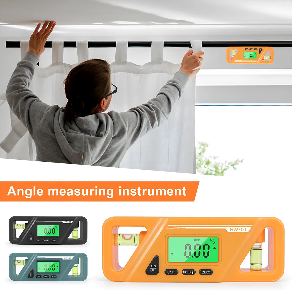 Black digital inclinometer level meter with magnetic base and LCD display showing angle measurement.