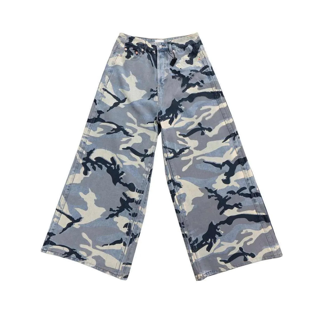 Snow camouflage blue loose fit jeans with micro-elastic cotton denim fabric