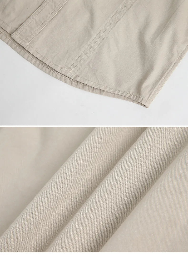 Men's casual loose long sleeve cotton shirt in solid army green, khaki, beige, or black, sizes M to 6XL