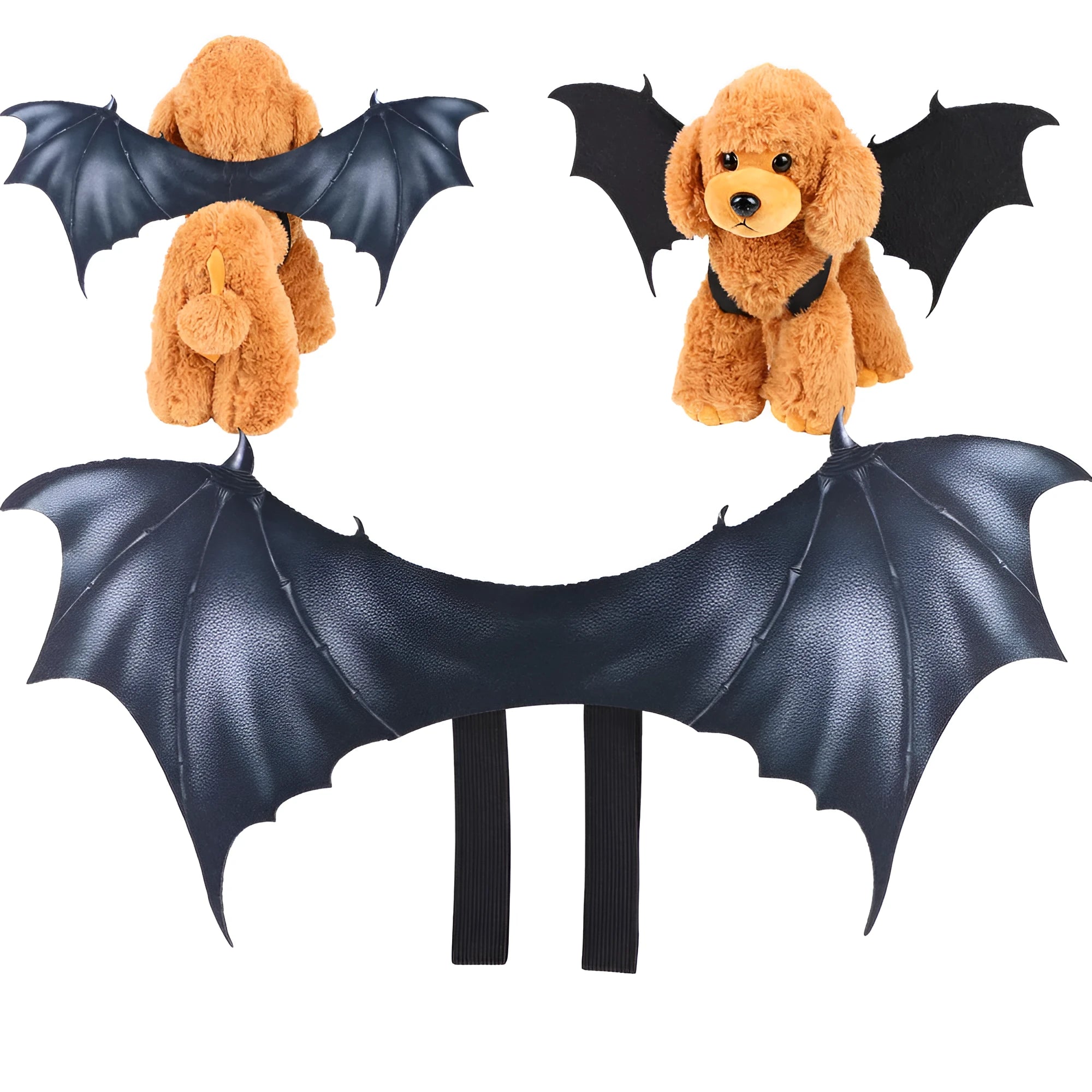 Black cloth bat wing costume for a cat or dog on a Halloween background.