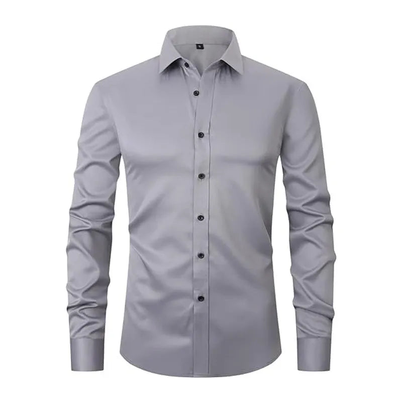Man wearing a stretch long sleeve polyester work shirt in a solid colour, showing the fit and long sleeve design.