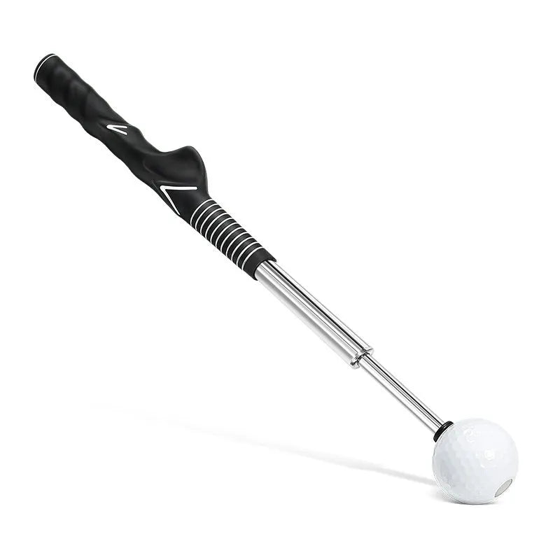 A telescopic golf swing simulator trainer in stainless steel, shown in black, blue, and red colour options.