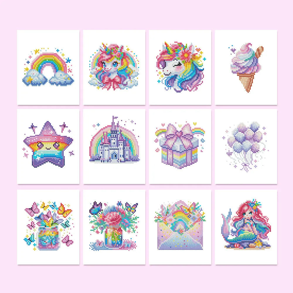 Diamond painting kit set with 12 non-repeating frameless acrylic cartoon designs on white background