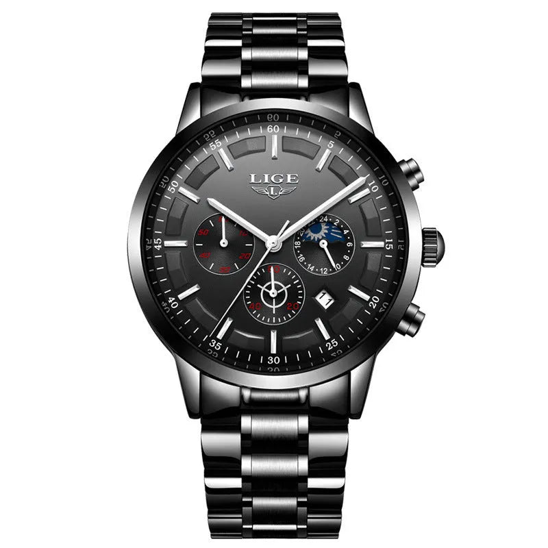 Men's waterproof quartz sports watch with 12mm thickness in black and rose red gold colour option