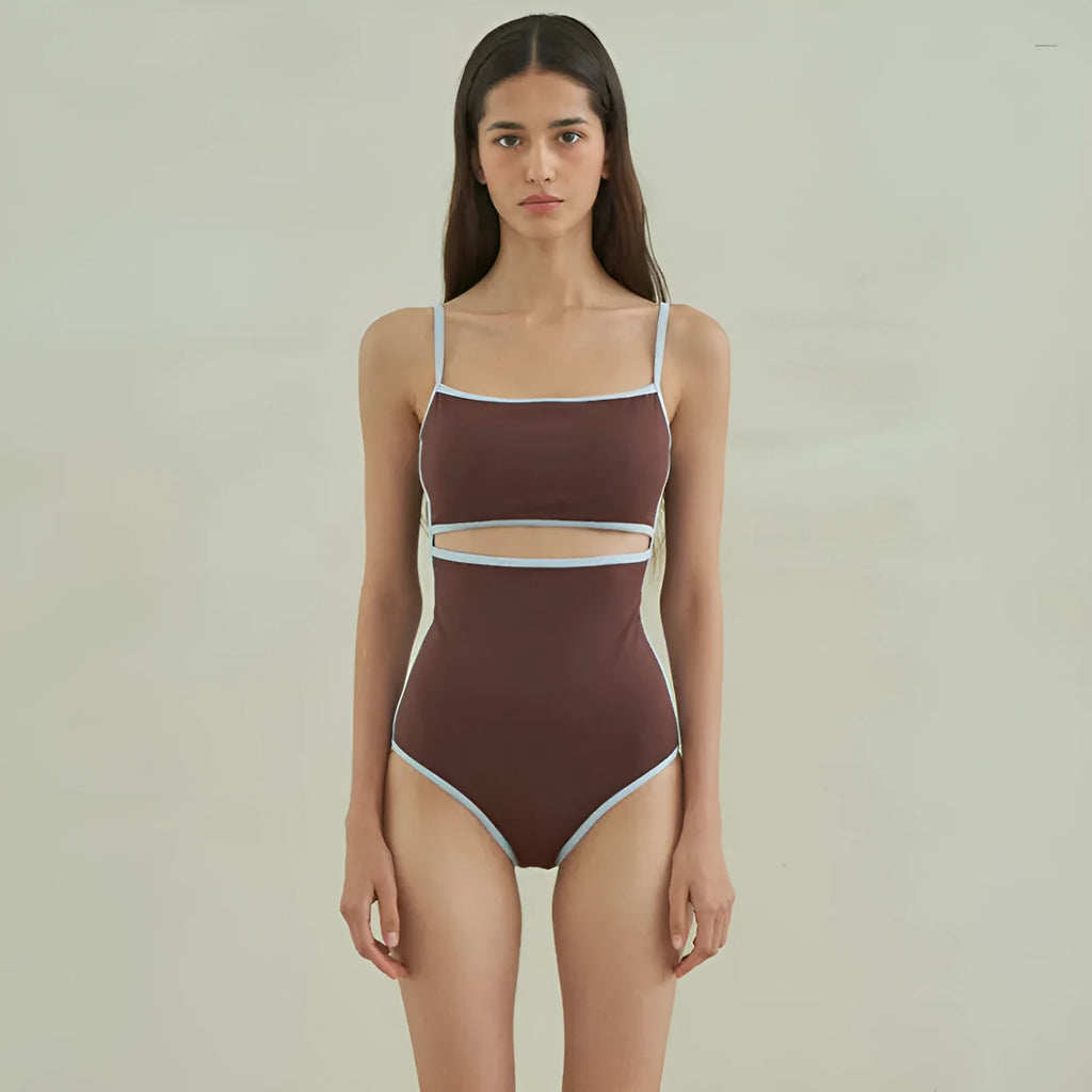 Brown triangle one-piece swimsuit for women made from nylon fabric