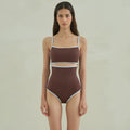 Brown triangle one-piece swimsuit for women made from nylon fabric