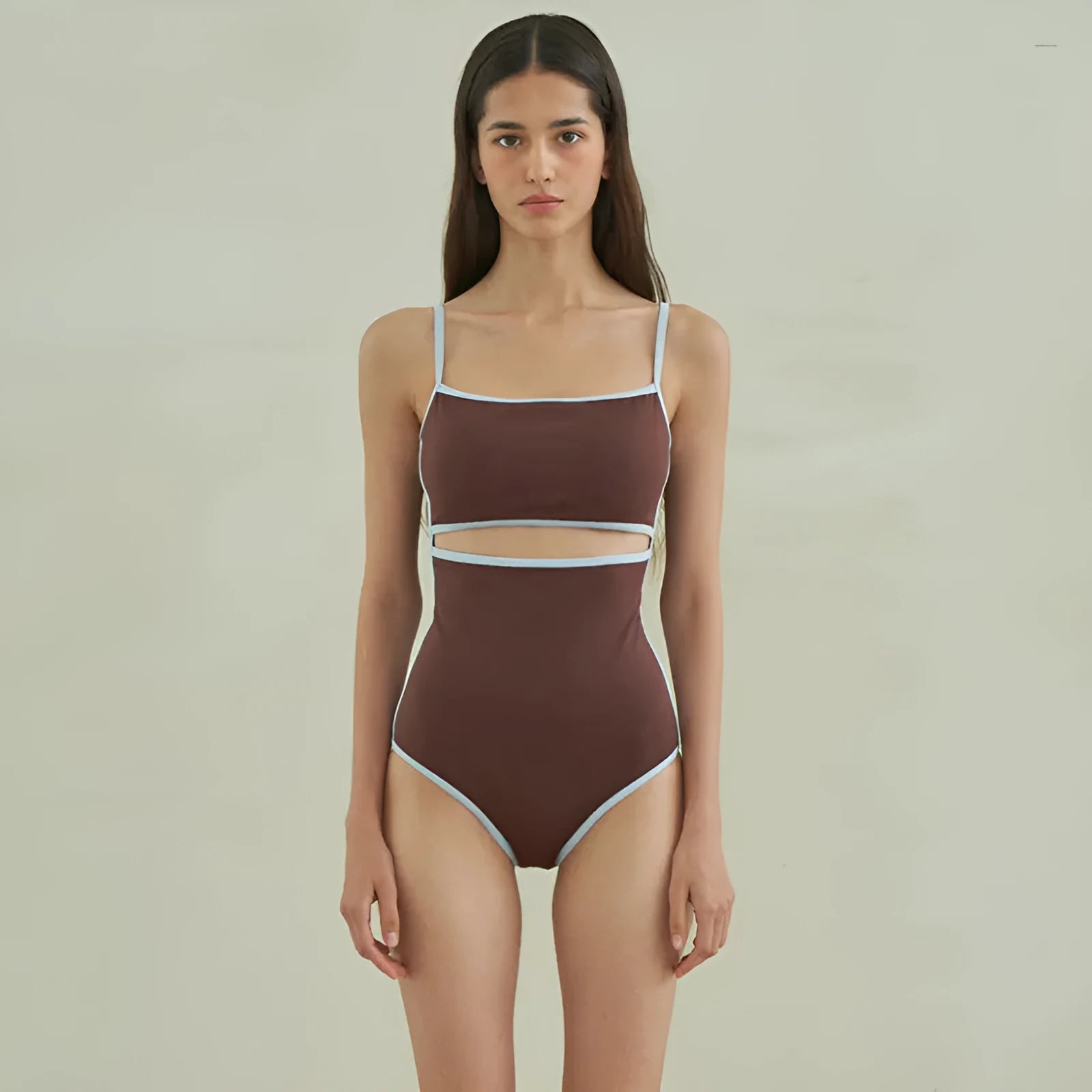 Brown triangle one-piece swimsuit for women made from nylon fabric
