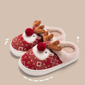 Cute Christmas elk plush slippers in Christmas Red with non-slip PVC sole, women winter house shoes
