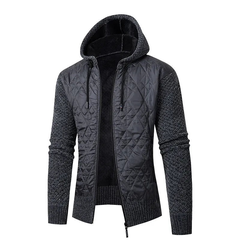 Men's grey hooded corduroy sweater coat with cinched waistline
