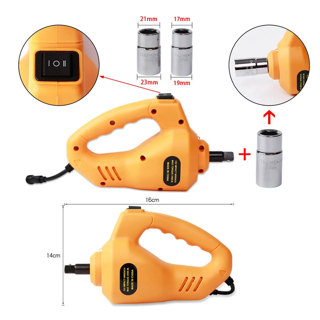 Yellow steel car electric jack set with an electric wrench on a grey background.