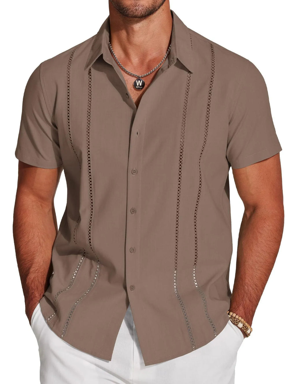 Men's slim fit Hawaiian shirt with digital printed pattern on elastic polyester fabric