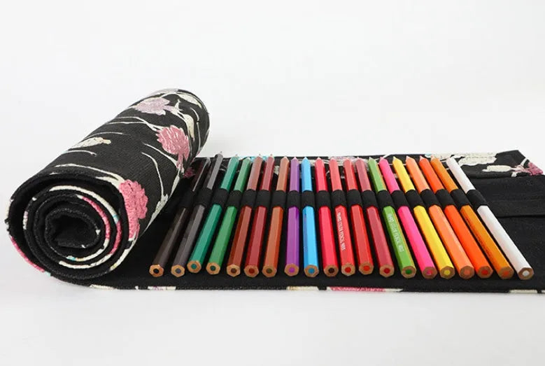 Canvas rolling pencil case with ballet girl print showing multiple pencil storage holes