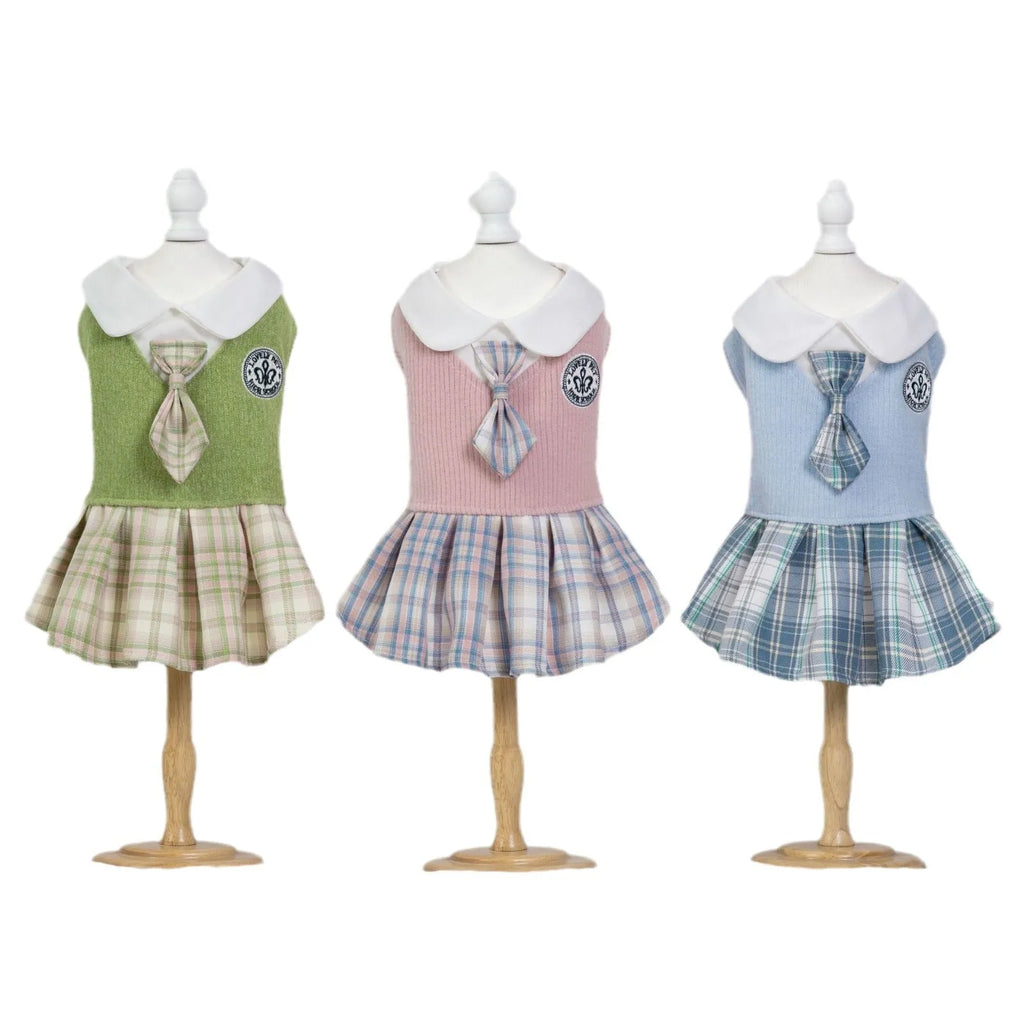 Pink, blue, and green tartan princess skirt for dogs and cats on a white background