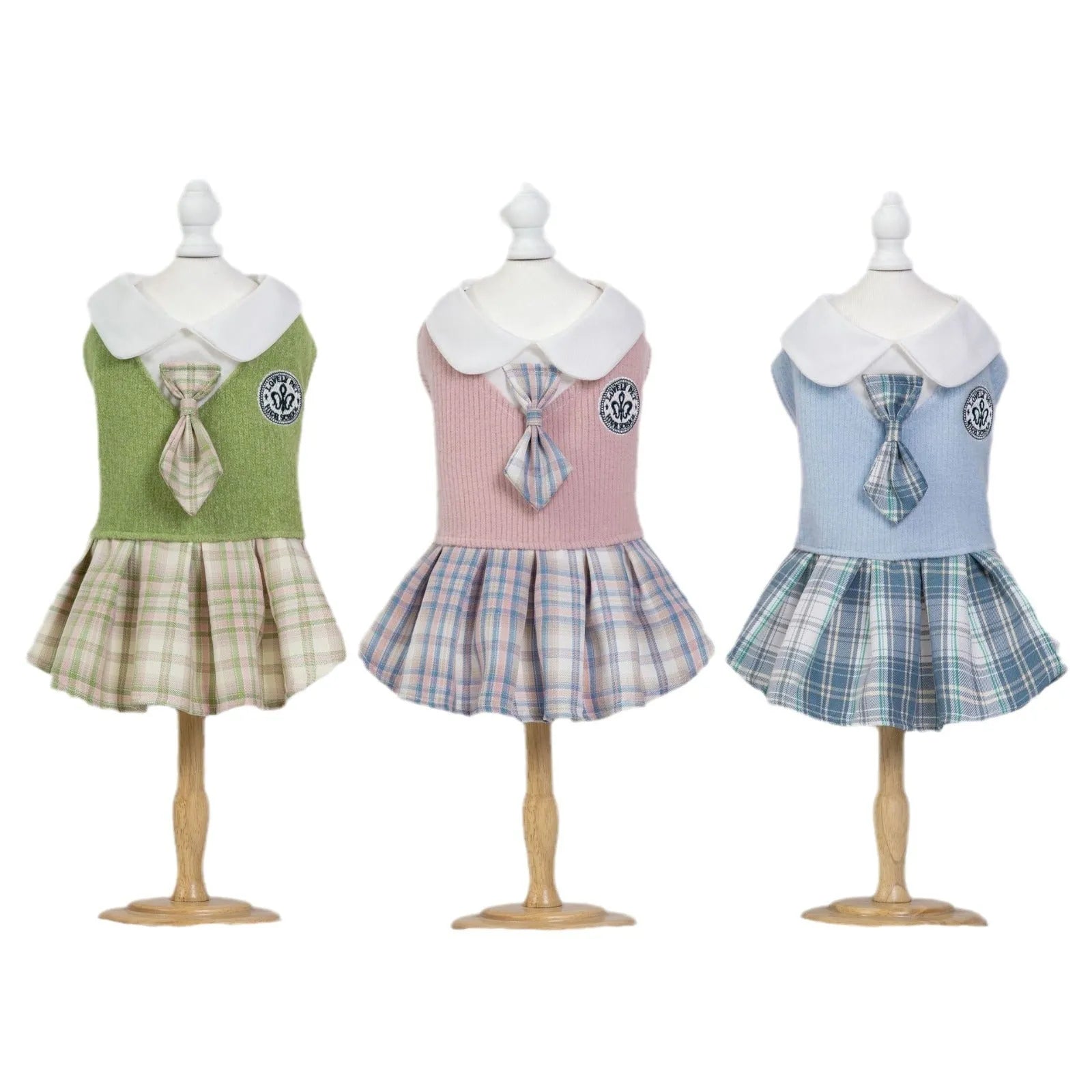 Pink, blue, and green tartan princess skirt for dogs and cats on a white background