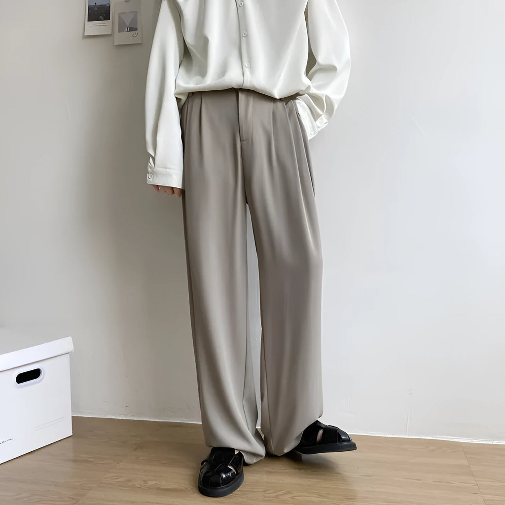Men's loose straight casual trousers in solid white, black, or light grey polyester, sizes M to 2XL