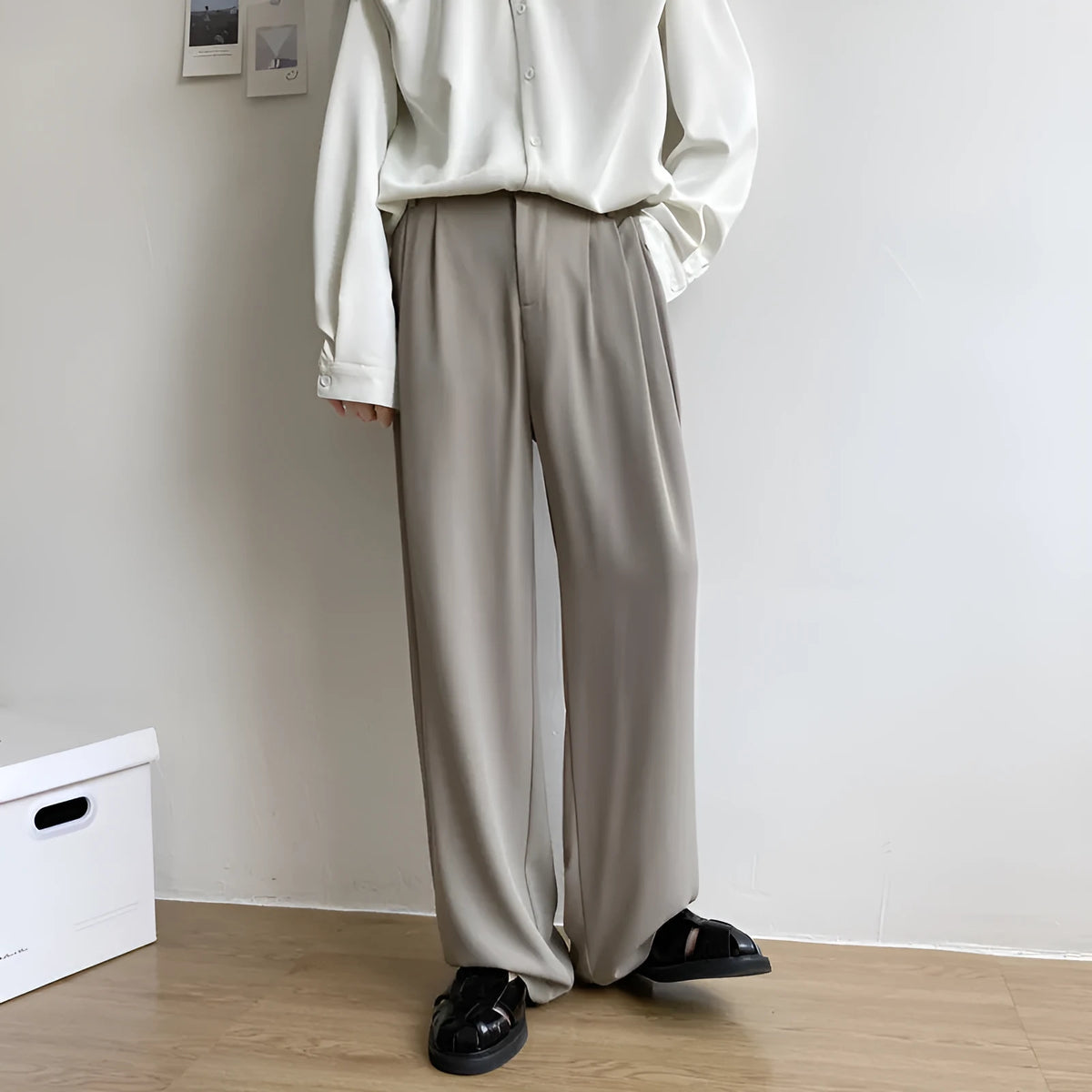 Men's loose straight casual trousers in solid white, black, or light grey polyester, sizes M to 2XL
