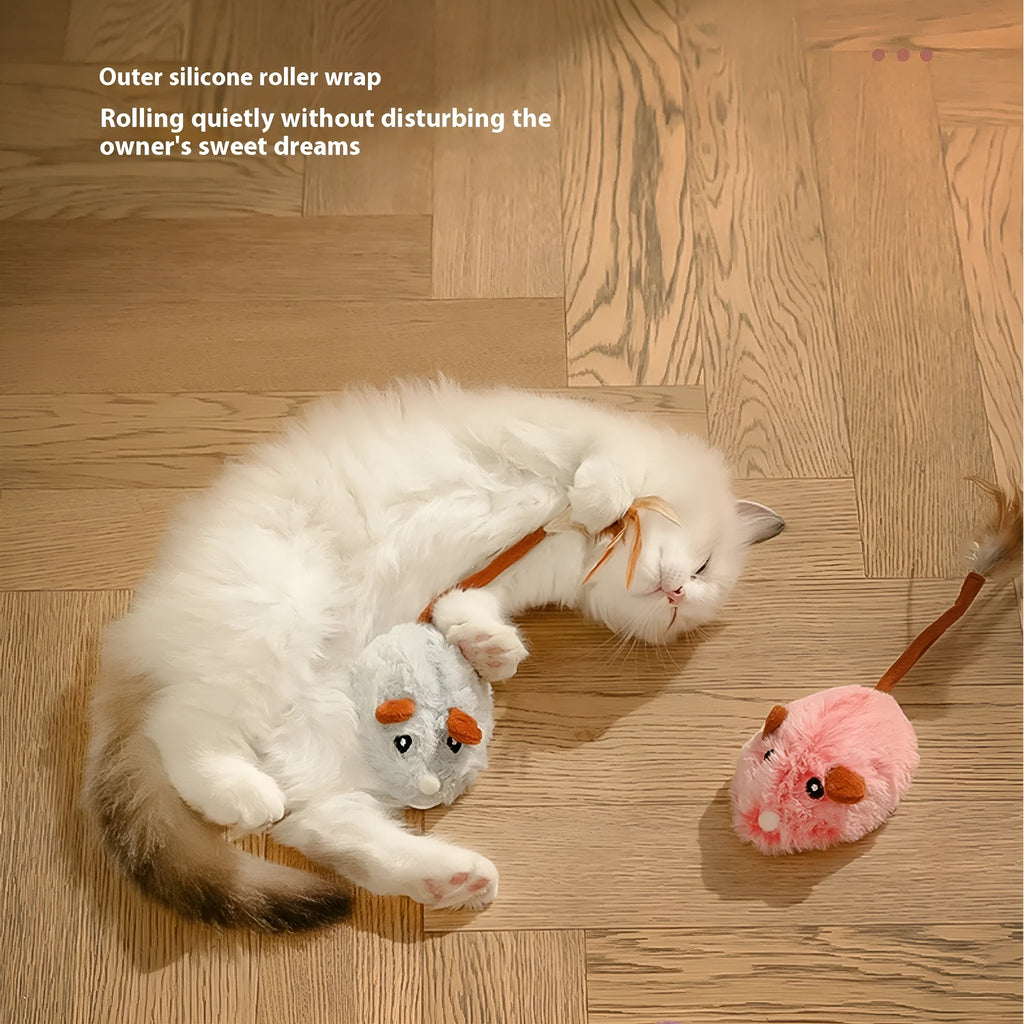Electric rotating cat toy with plush mouse attachment in pink, purple, or dark grey colours