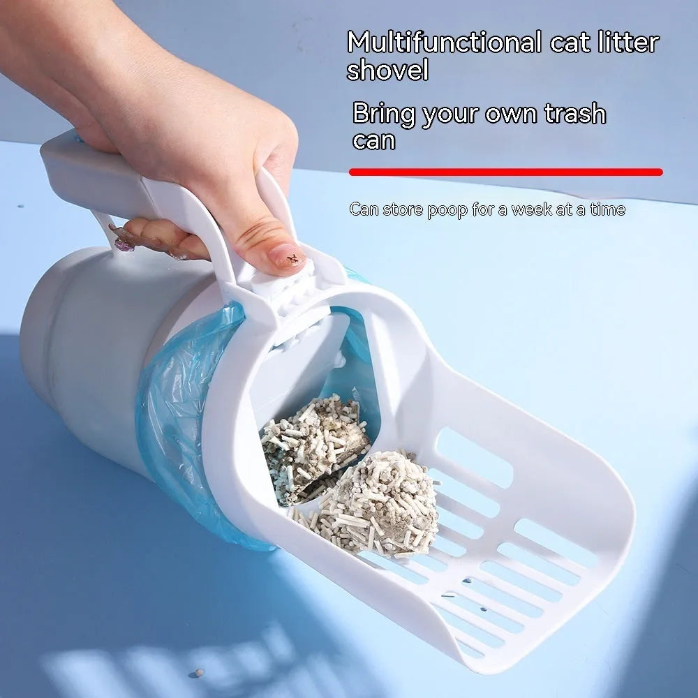 Grey foldable cat litter scoop and bin system with refill bags on a white background.