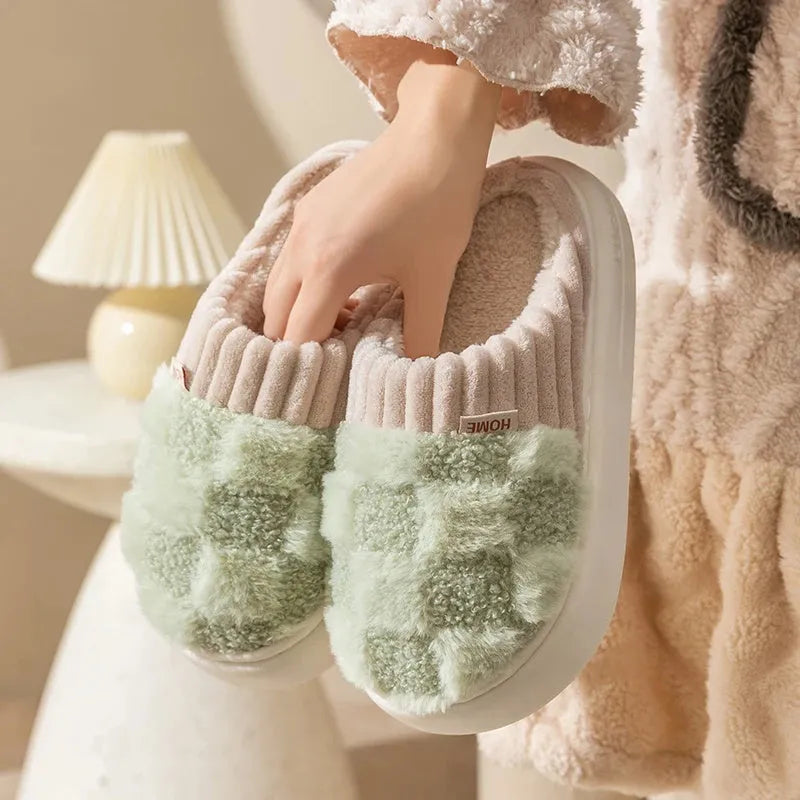 Women's coral velvet plush house slippers with non-slip sole in coffee, green, grey, pink, and white colours