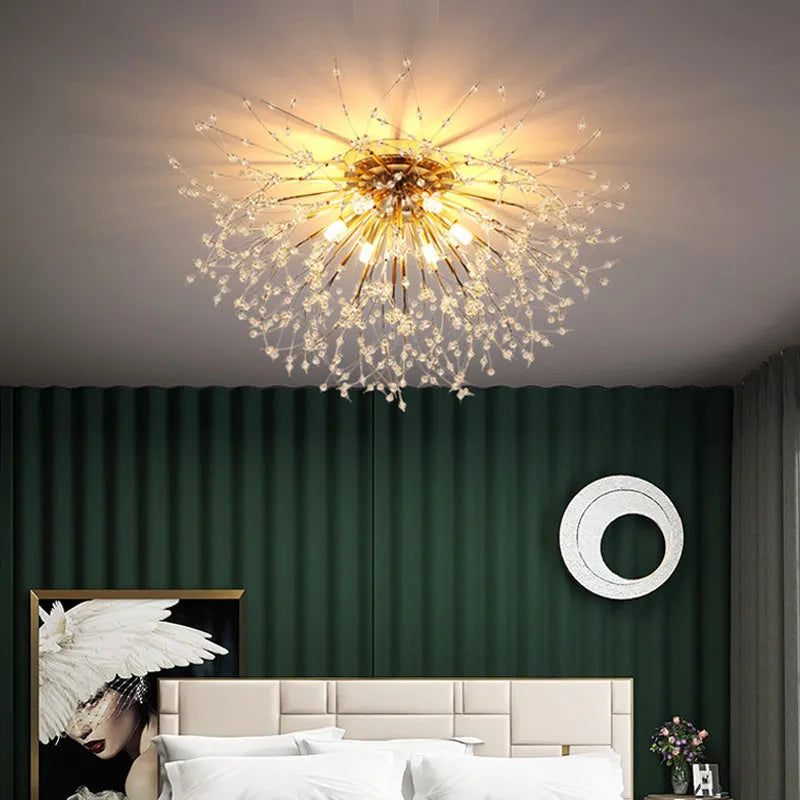 Wrought iron ceiling lamp with dandelion crystal shade chrome finish 40cm four LED heads