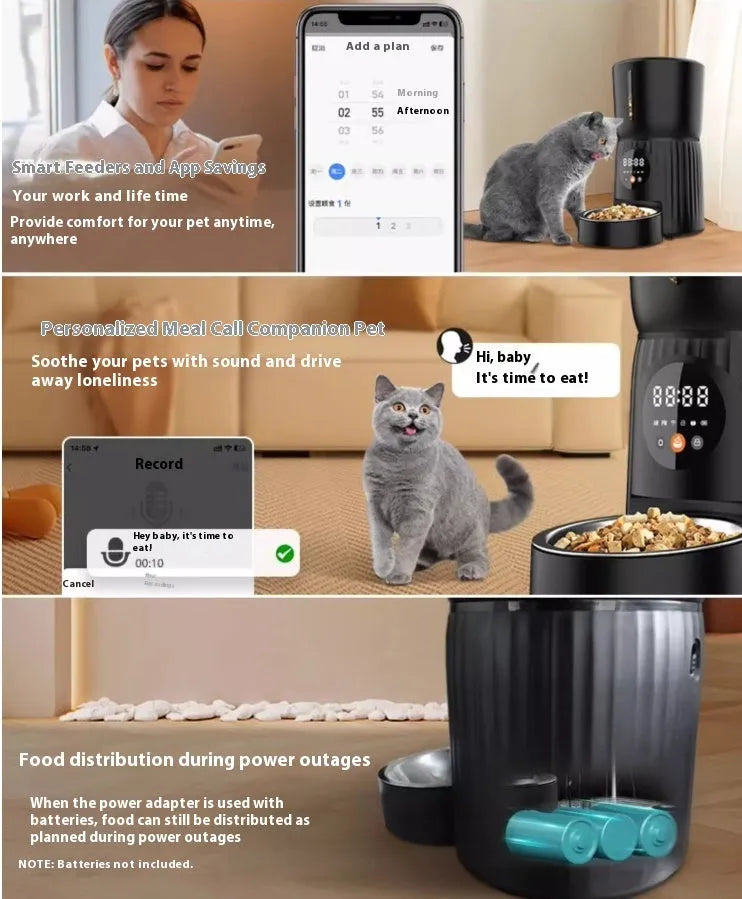 Black and white smart automatic pet feeder with USB cable and mobile app display showing feeding schedule.