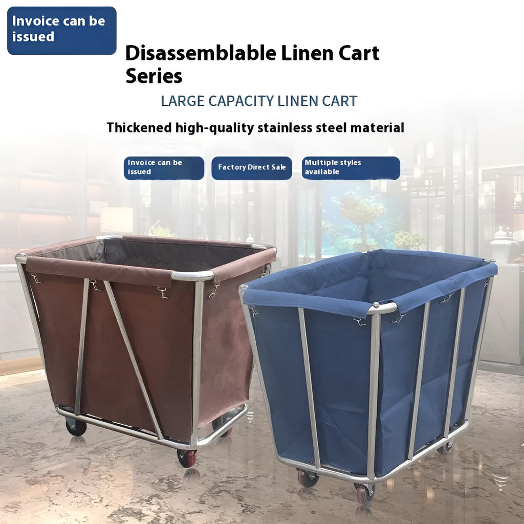 Stainless steel hotel linen trolley housekeeping cart with blue or brown bag and 4, 8 or 10 tube options