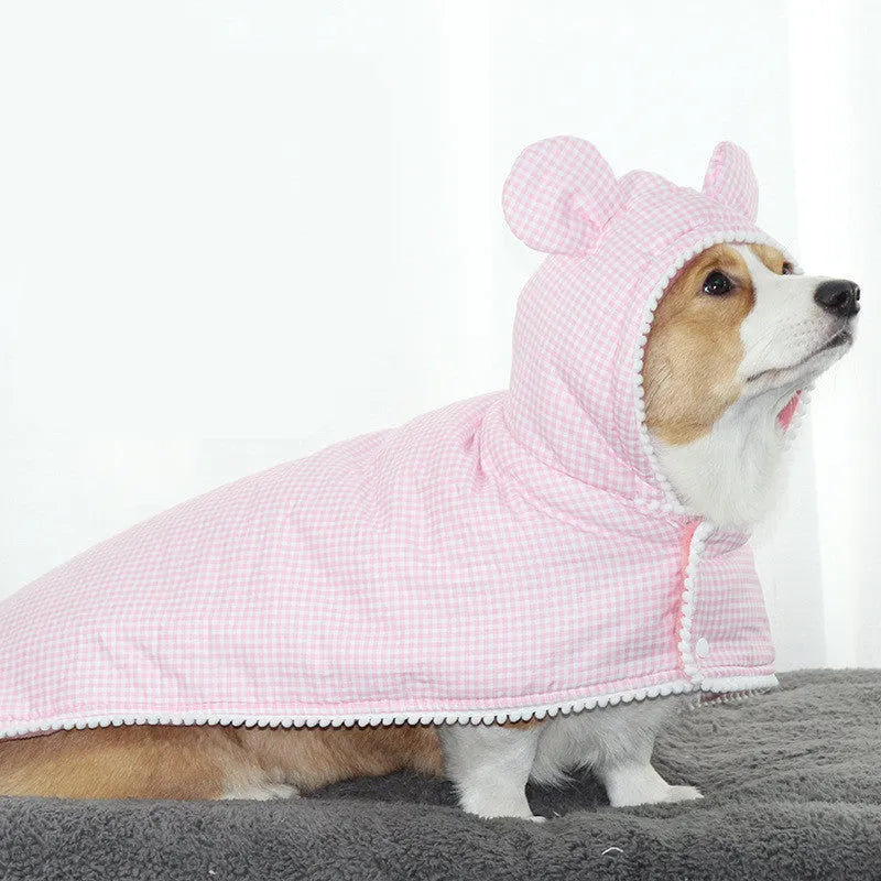 Cotton plaid dog and cat cloak pyjamas in pink or blue grid, sizes S to 2XL