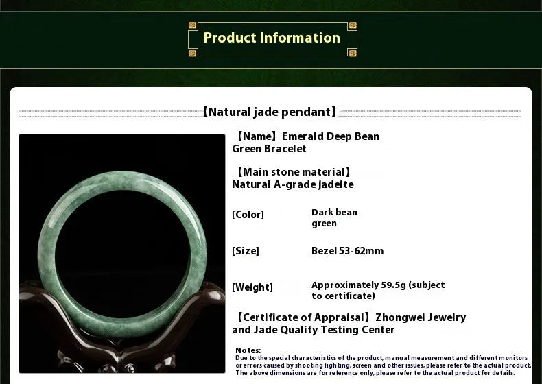 Natural emerald green jade bracelet on wrist, showing simple band style and deep pea green stone colour.
