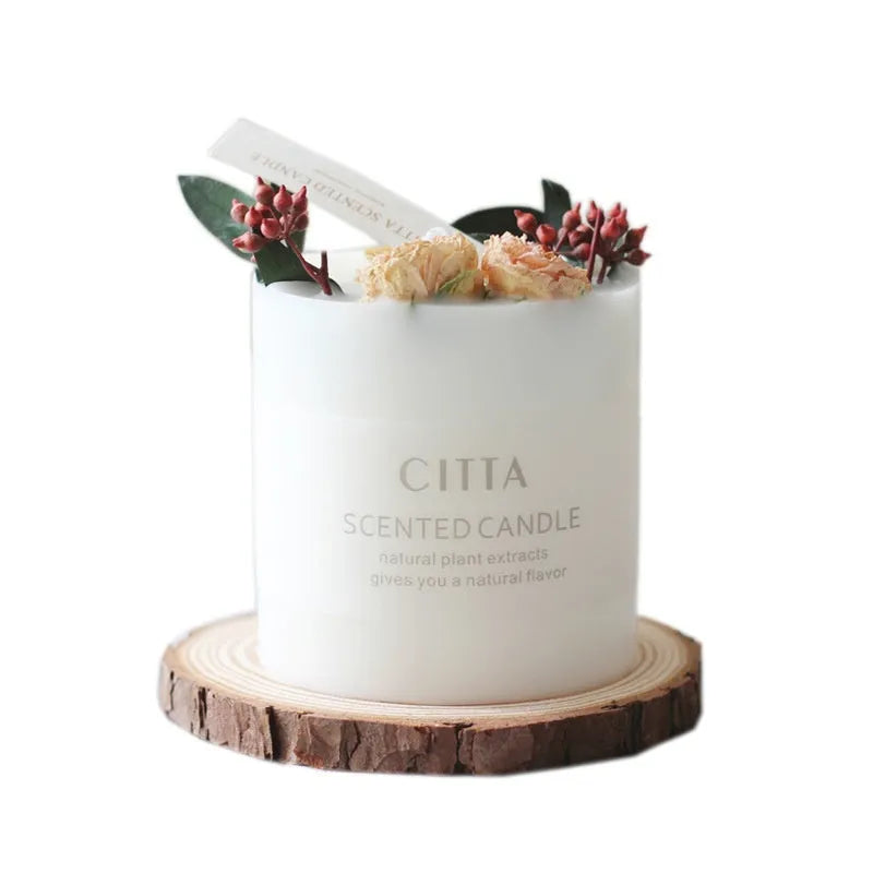 Handmade soy wax aromatherapy candle in cup shape with real flower fragrance, available in four scents and gift box style