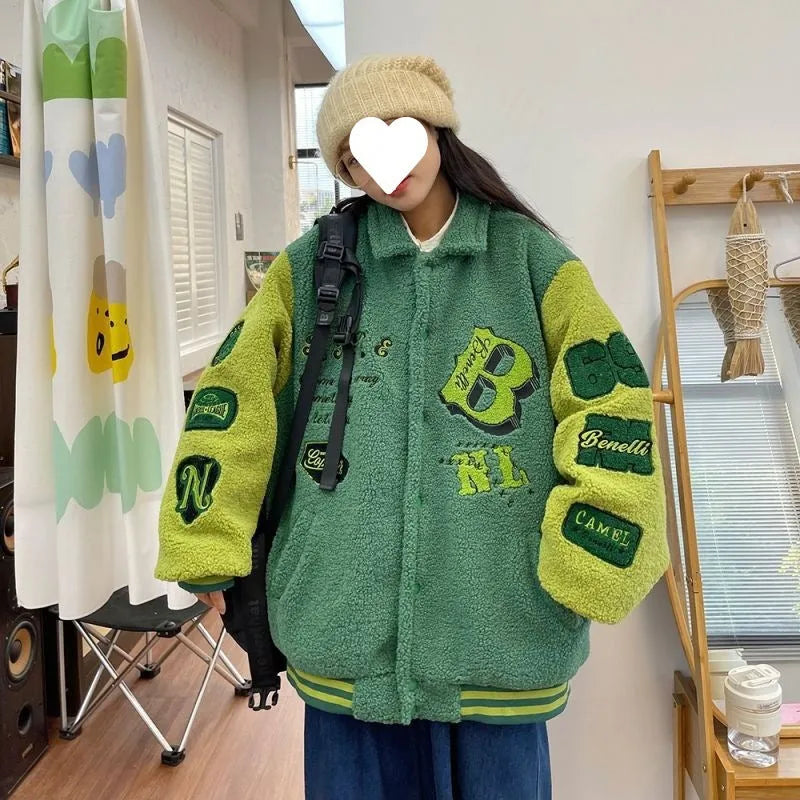 Plus size women quilted winter jacket with fur collar in pink, green, and blue colour options