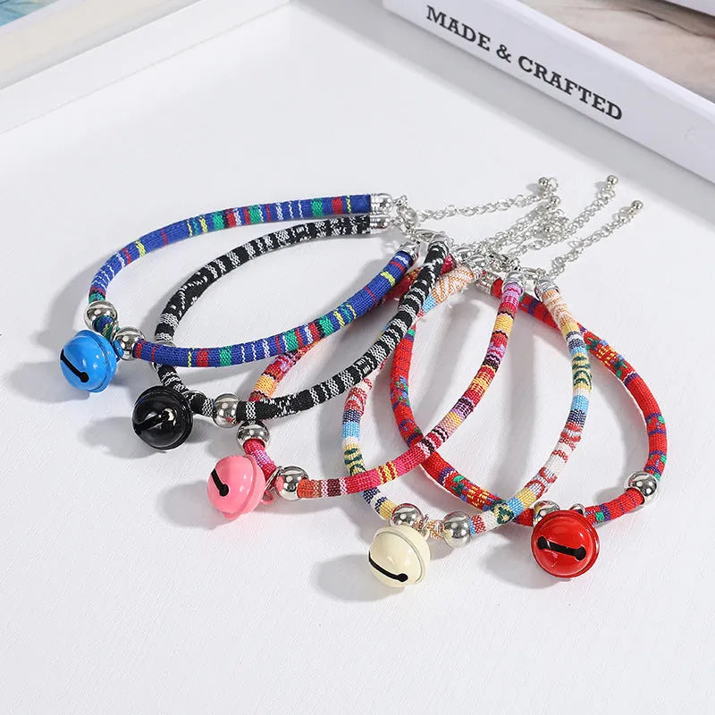 Ethnic style adjustable pet collar with bell in multiple colour options for cats and small dogs