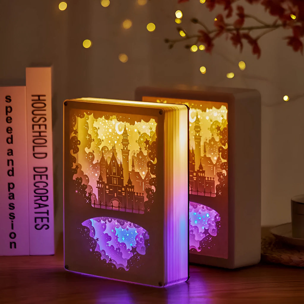 Paper carving design USB night light with remote control in ABS frame showing soft yellow and purple illumination options