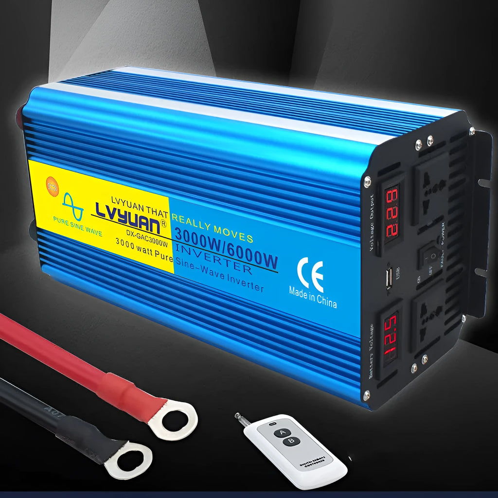 Blue 3000W pure sine wave power inverter with digital display and remote control for 12V/24V to 220V conversion
